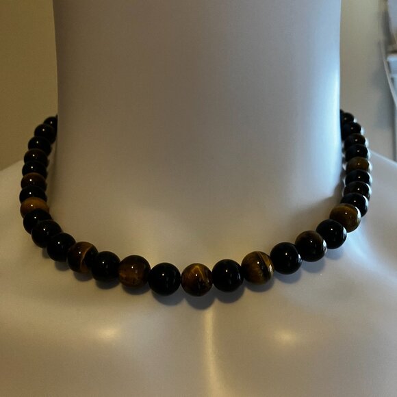 Men's Tiger Eye and Obsidian Genuine Gemstones 18.5 inch Choker Handmade NEW - Picture 2 of 13